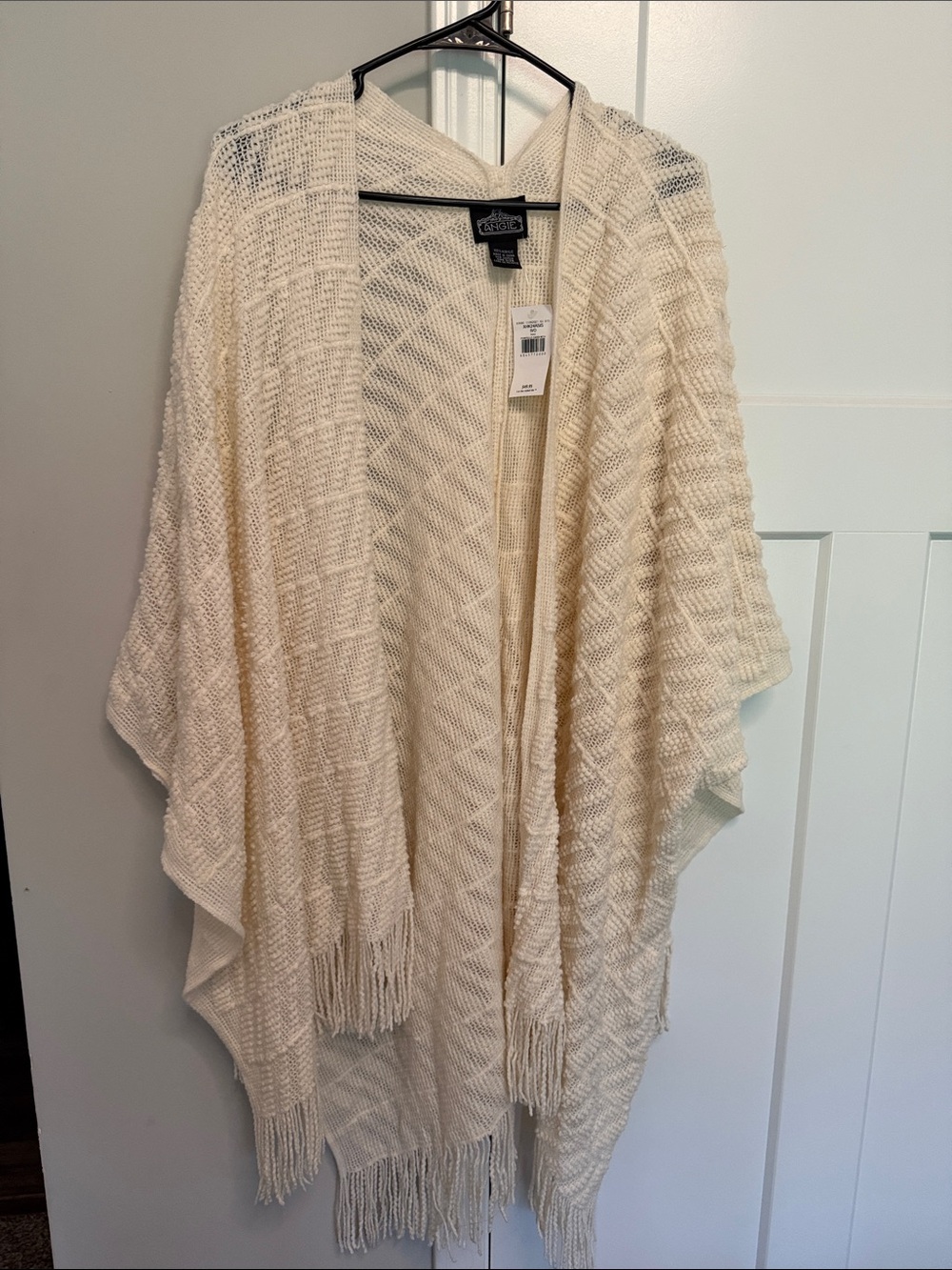 Angie Cream Open Knit Poncho with Fringe